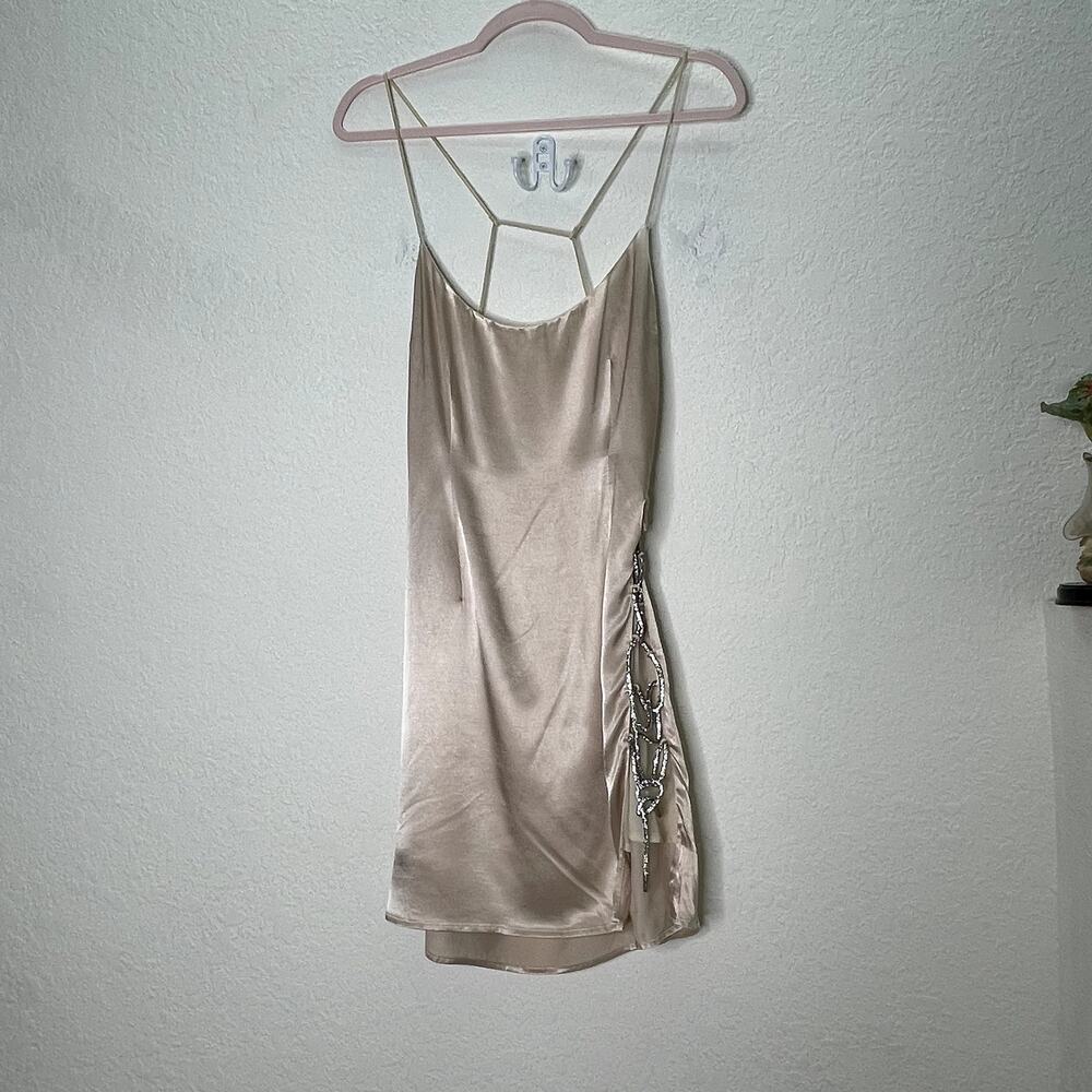MESHKI Womens L Champagne Satin Mini Dress Diamante Rhinestone Lace Up Backless